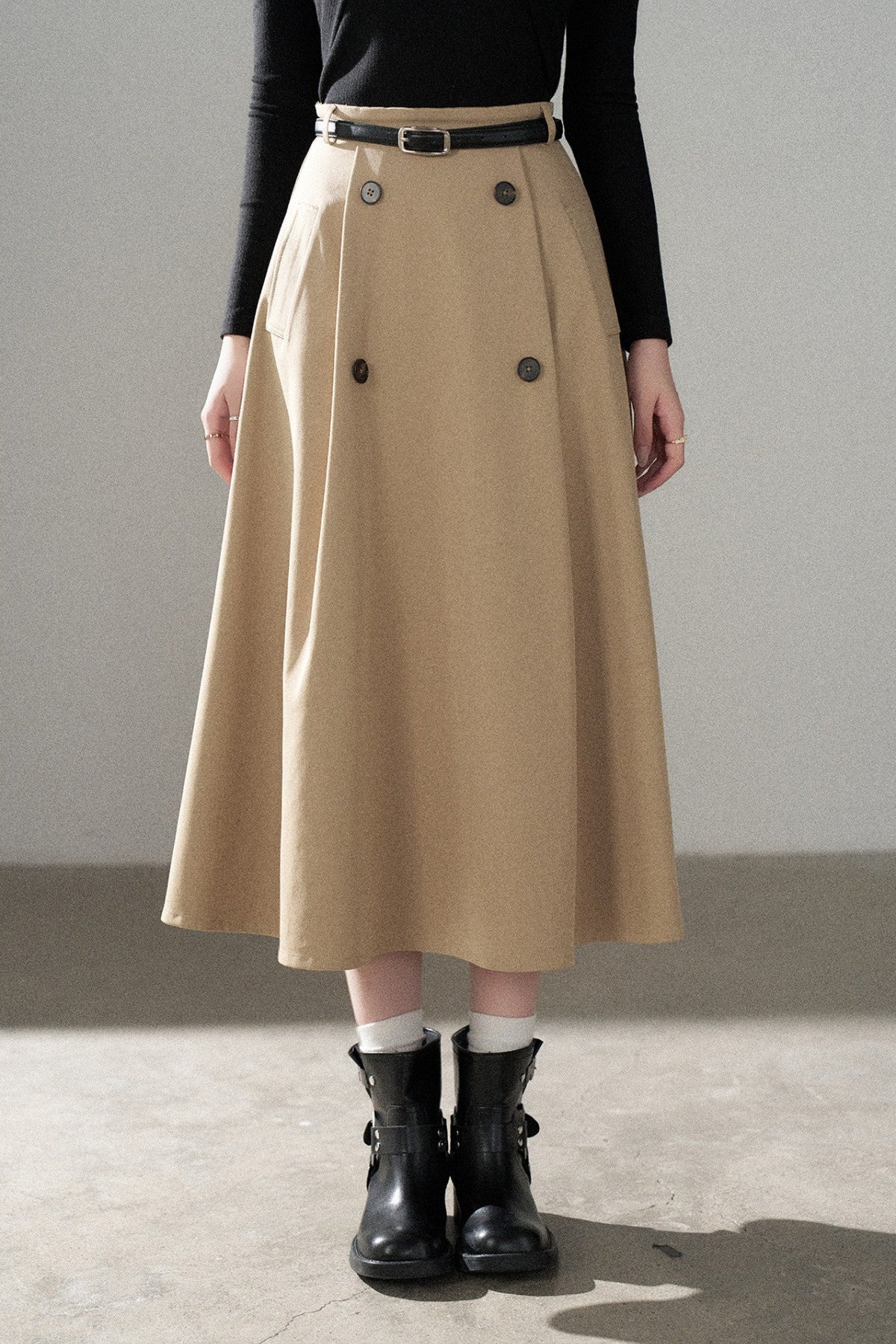 Knot Off-Shoulder Knit Pullover Top and Khaki Skirt Set-Up