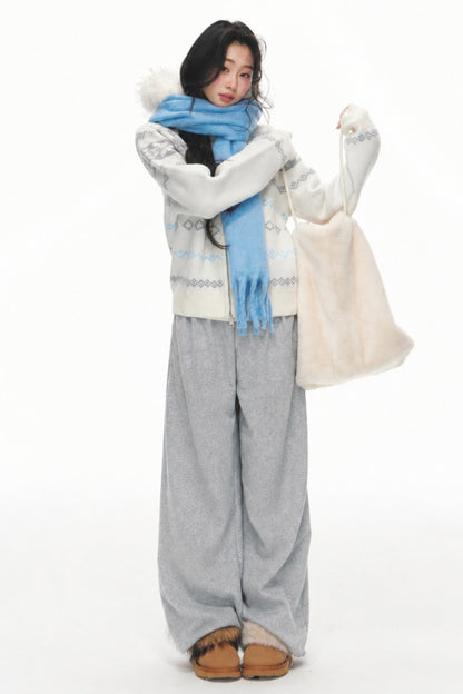 Fair Isle Jacquard Fur Collar Cardigan Set-Up