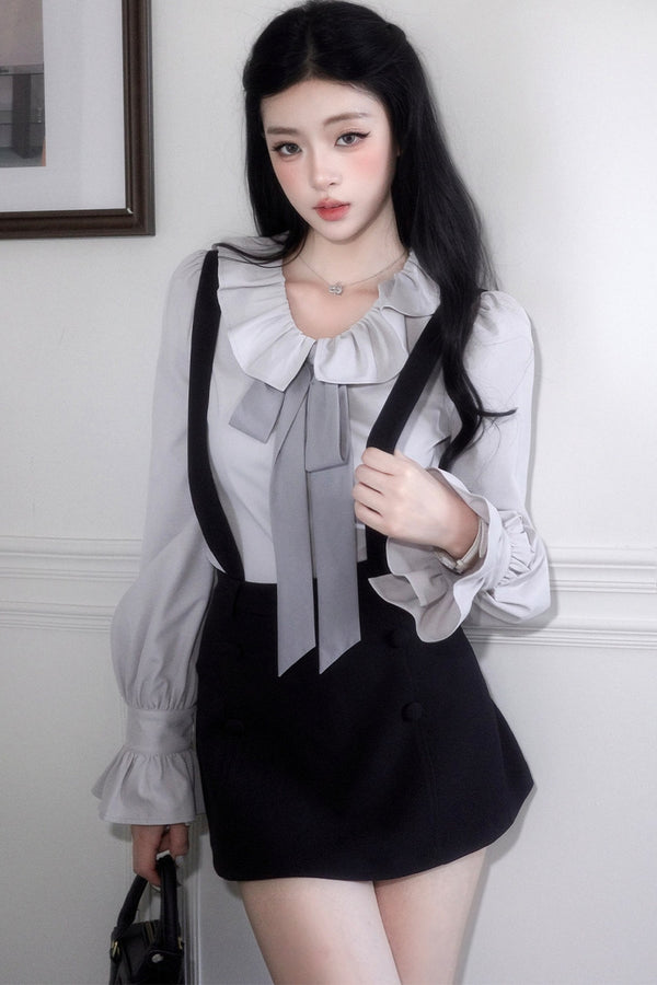 Collar Blouse And Suspender Skirt Set-Up
