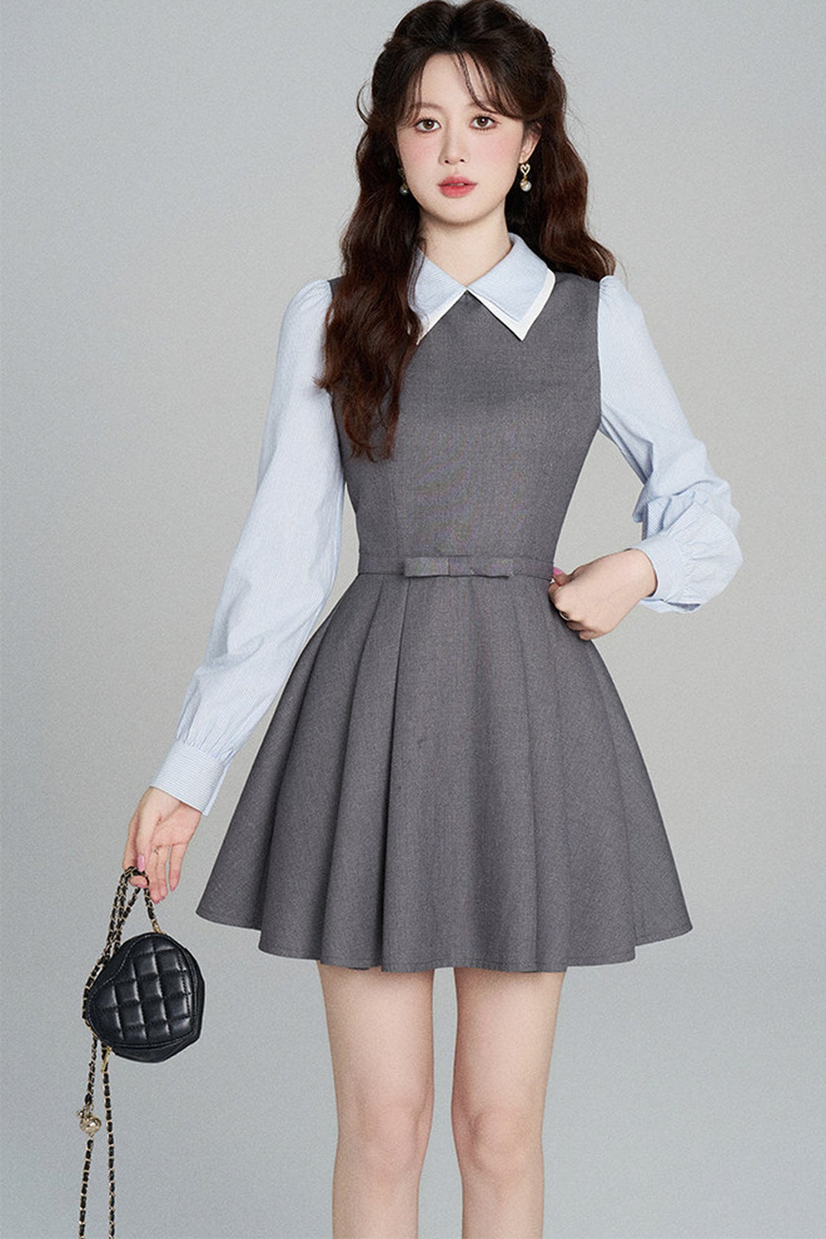 Gray Long-Sleeved A-Line Full Skirt Dress