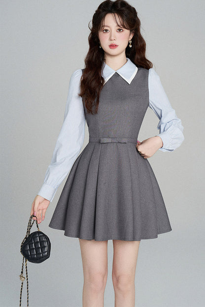 Gray Long-Sleeved A-Line Full Skirt Dress