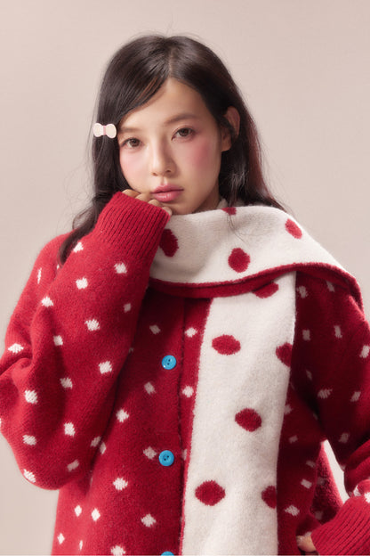 Polka Dot Scarf Knit Cardigan