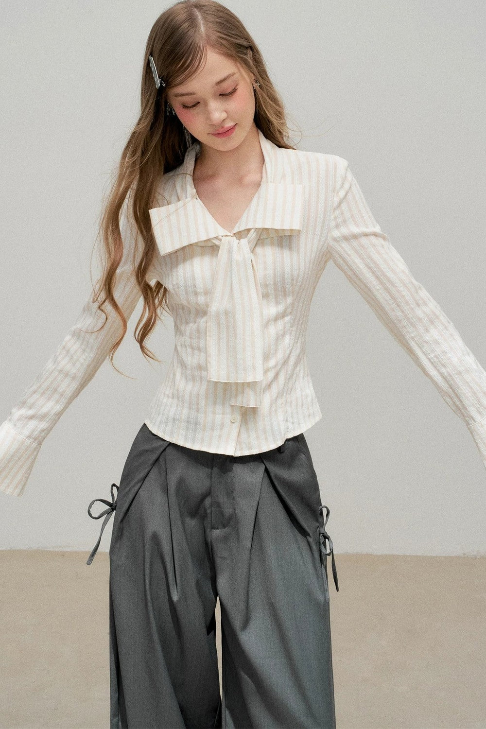 Three-Dimensional Bow Striped Blouse