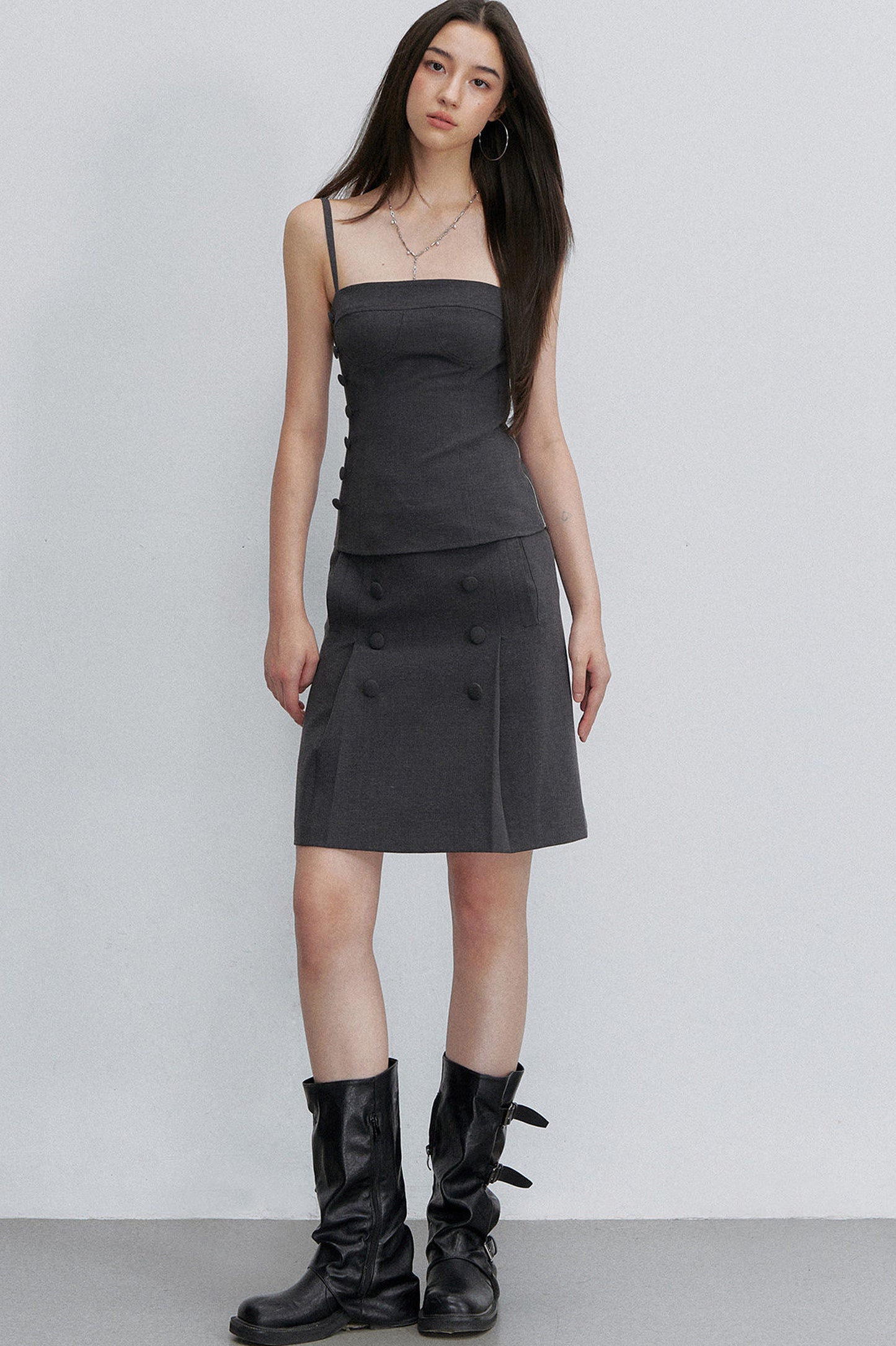 Pleated Double-Breasted Skirt