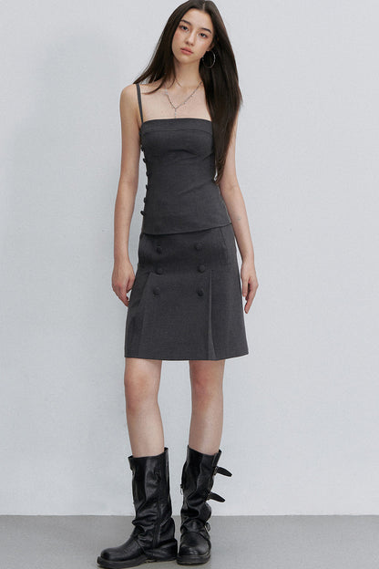 Pleated Double-Breasted Skirt