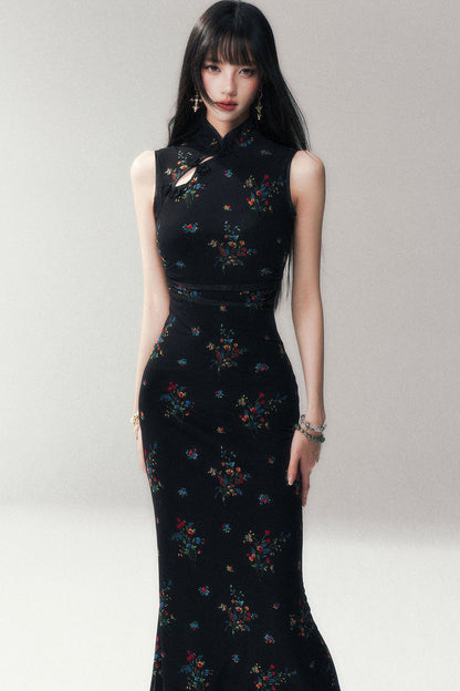 Floral Mesh Cheongsam Long Dress