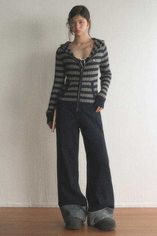 Striped Hooded Twist Knit Cardigan Set-Up