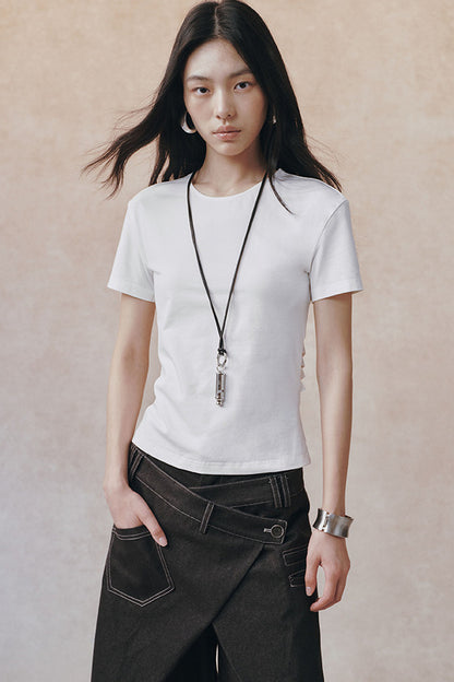 Backless Pleated Hollow-Out Short-Sleeve T-Shirt