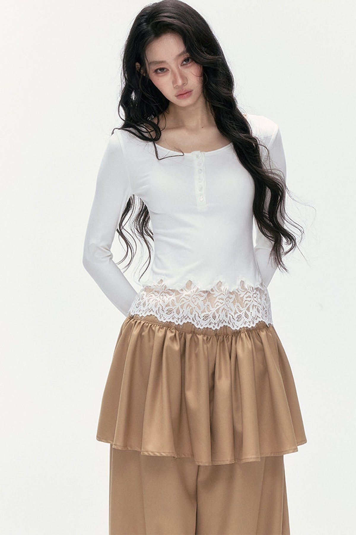 Asymmetrical Lace Henley Long-Sleeved Shirt