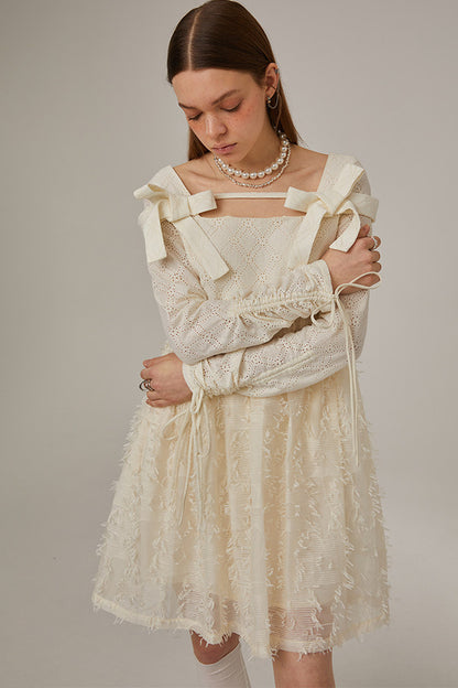 Beige Plaid Lace Bow Dress