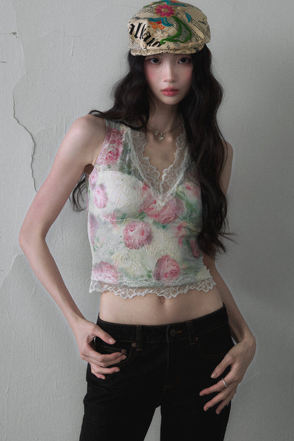 Rose Oil Painting Lace Vest