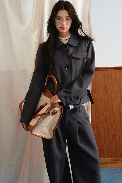 Relaxed Retro Lapel Top and Lace Waistband Pants Set-Up