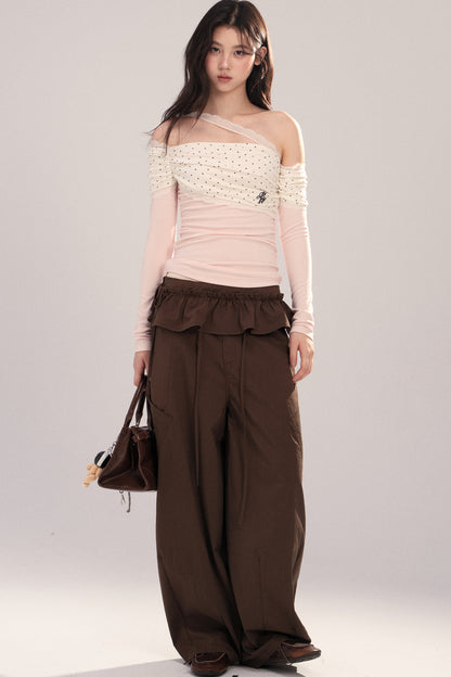 Polka Dot Spliced Lace Off-Shoulder T-Shirt