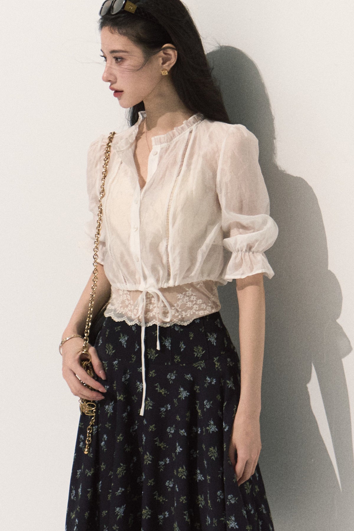 Lyocell Lace Trim Blouse and Floral A-Line Skirt Set-Up