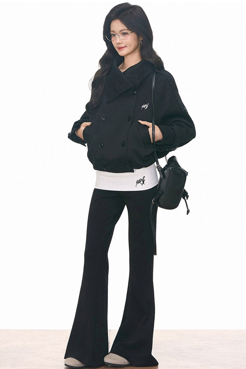 Double-Breasted Knitted Short Trench Coat and Pants Set-Up