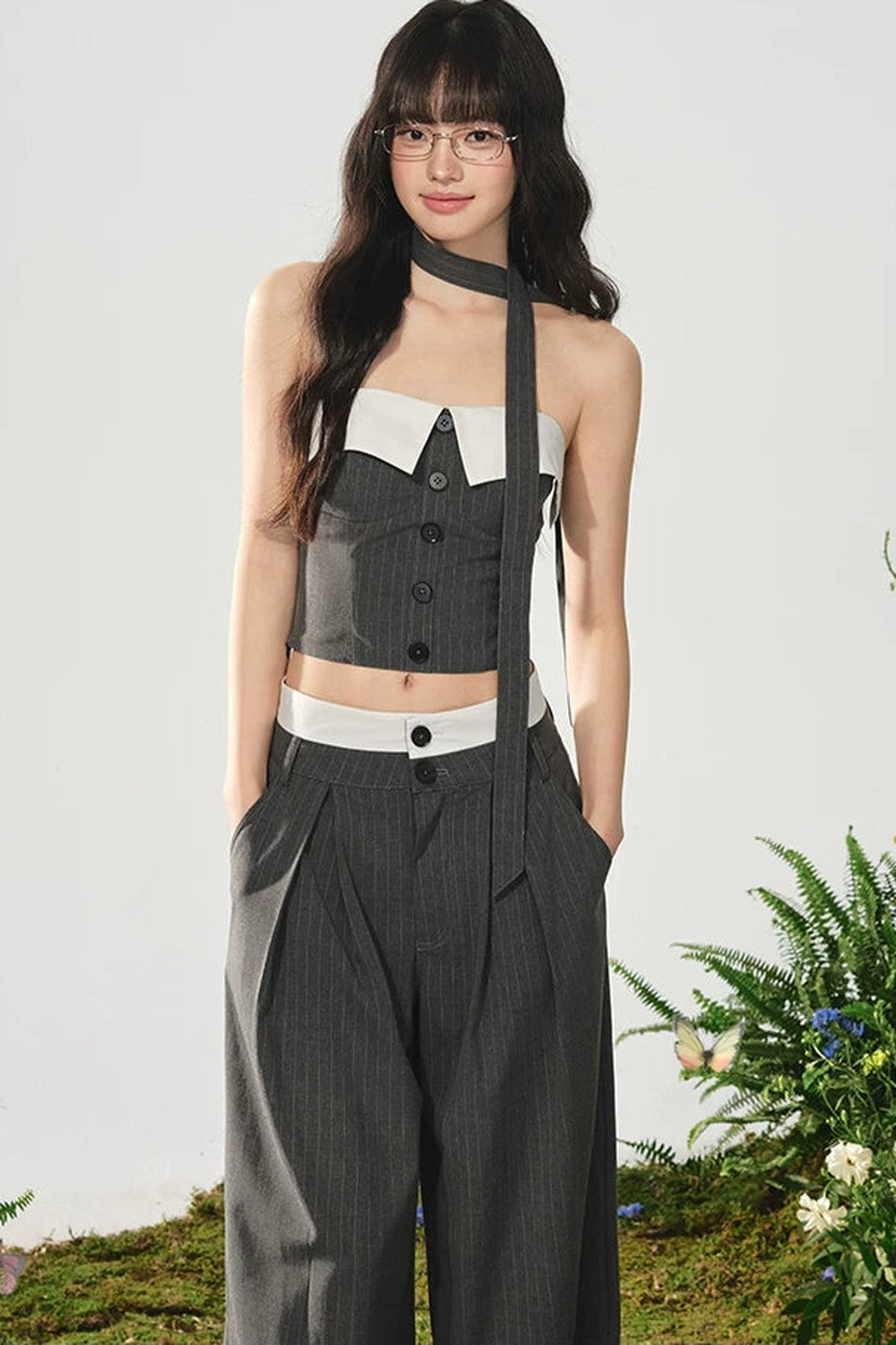 Color-Block Off-Shoulder Top Wide-Leg Pants Set