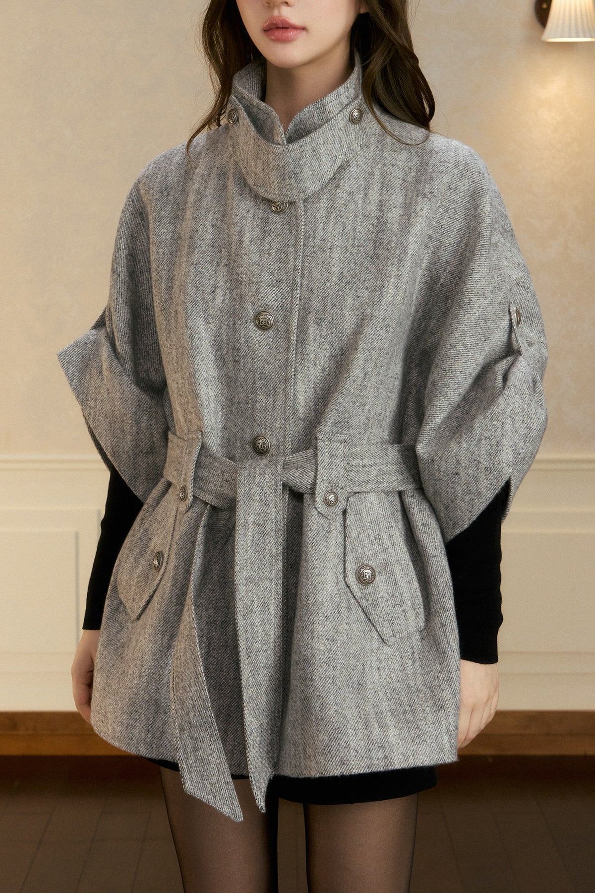 Stand Collar Batwing Wool Cape Jacket