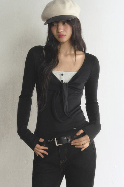 V-Neck Bow Contrast Long-Sleeve Top and Pants Set-Up