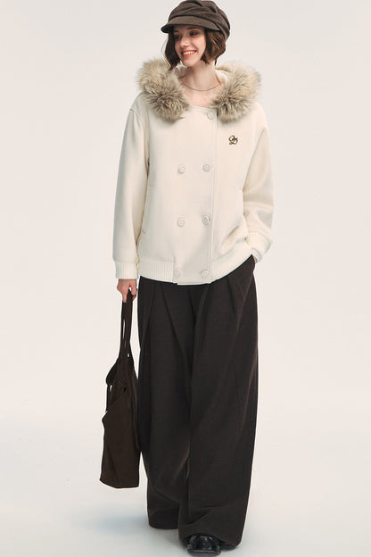White Wool Hooded Large Fur Collar Jacket
