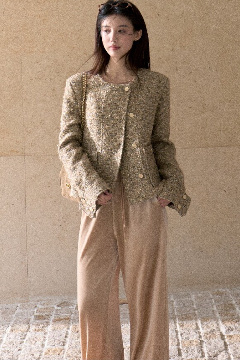 Lace Knit Long-Sleeve Top and Drape Velvet Straight-Leg Pants Set-Up