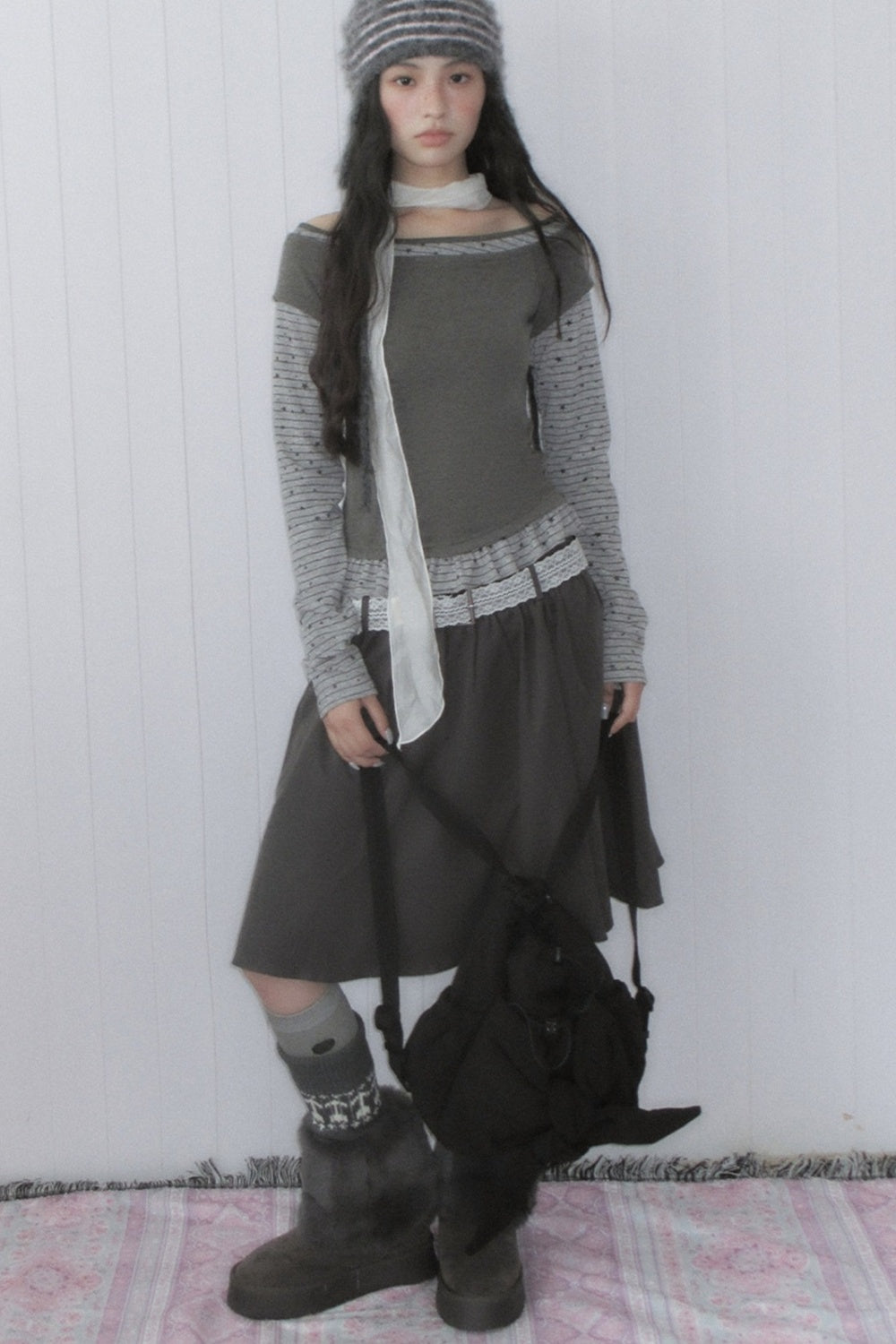 Gray A-Line Mid-Length Umbrella Skirt