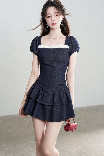 Denim Puff Sleeve Top And Skirt Set