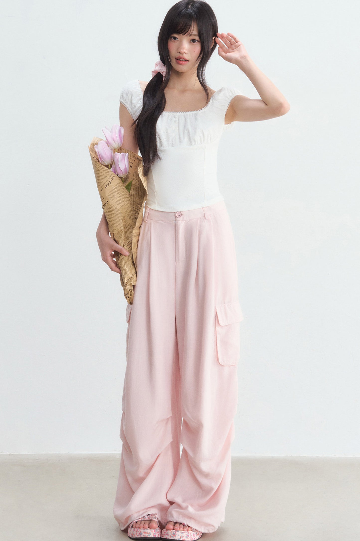 Pink High-Waisted Wide-Leg Cargo Pants