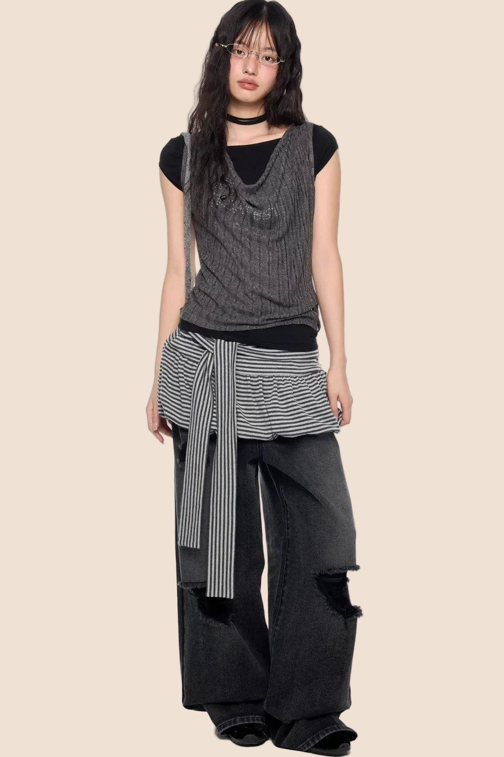 Striped Tie-Wrap A-Line Skirt