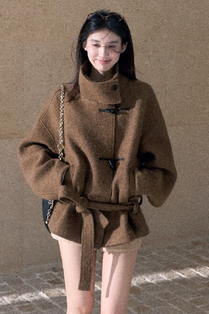 Horn Button Wool Blend Tie Coat