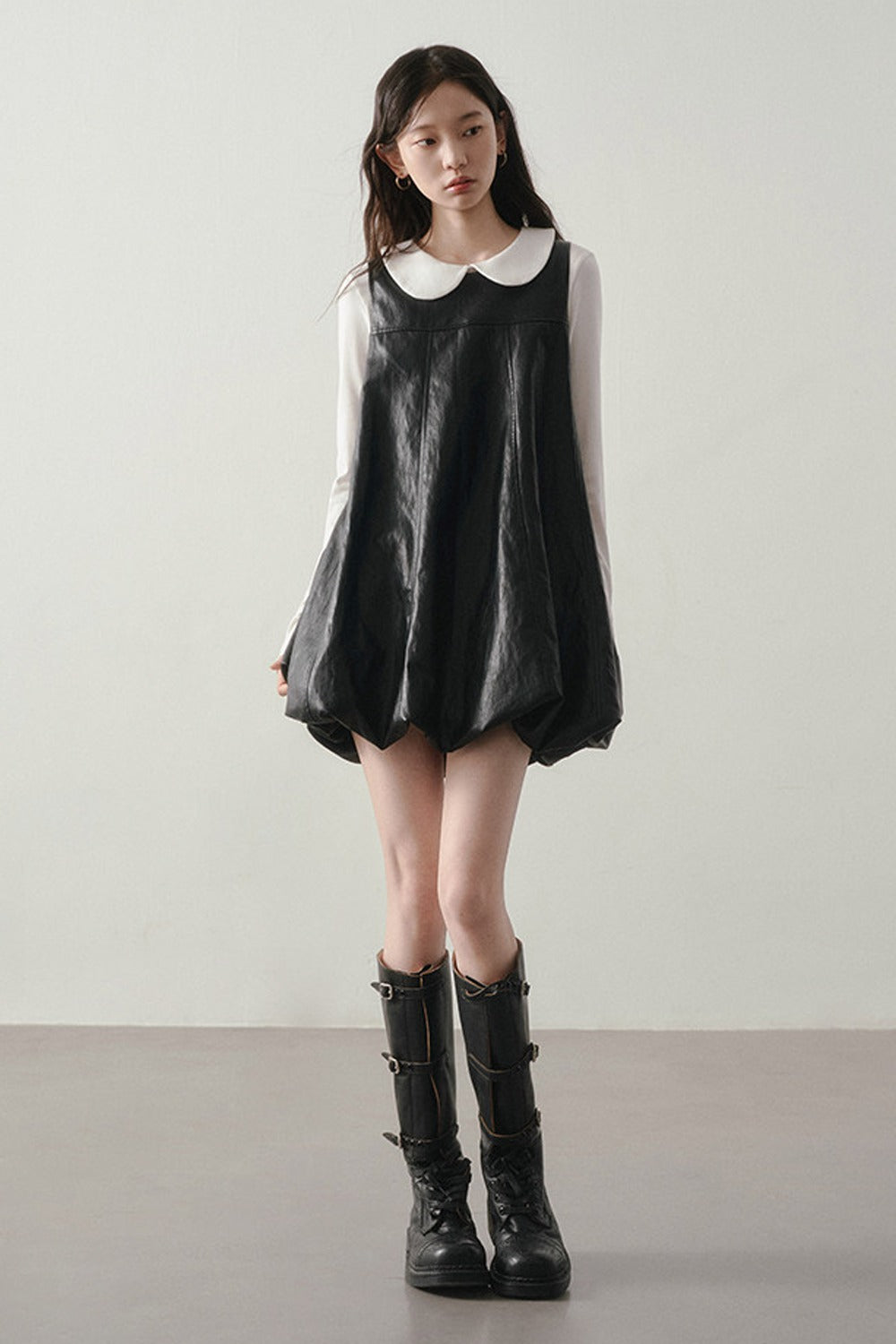 Black Leather-Like Peter Pan Dress