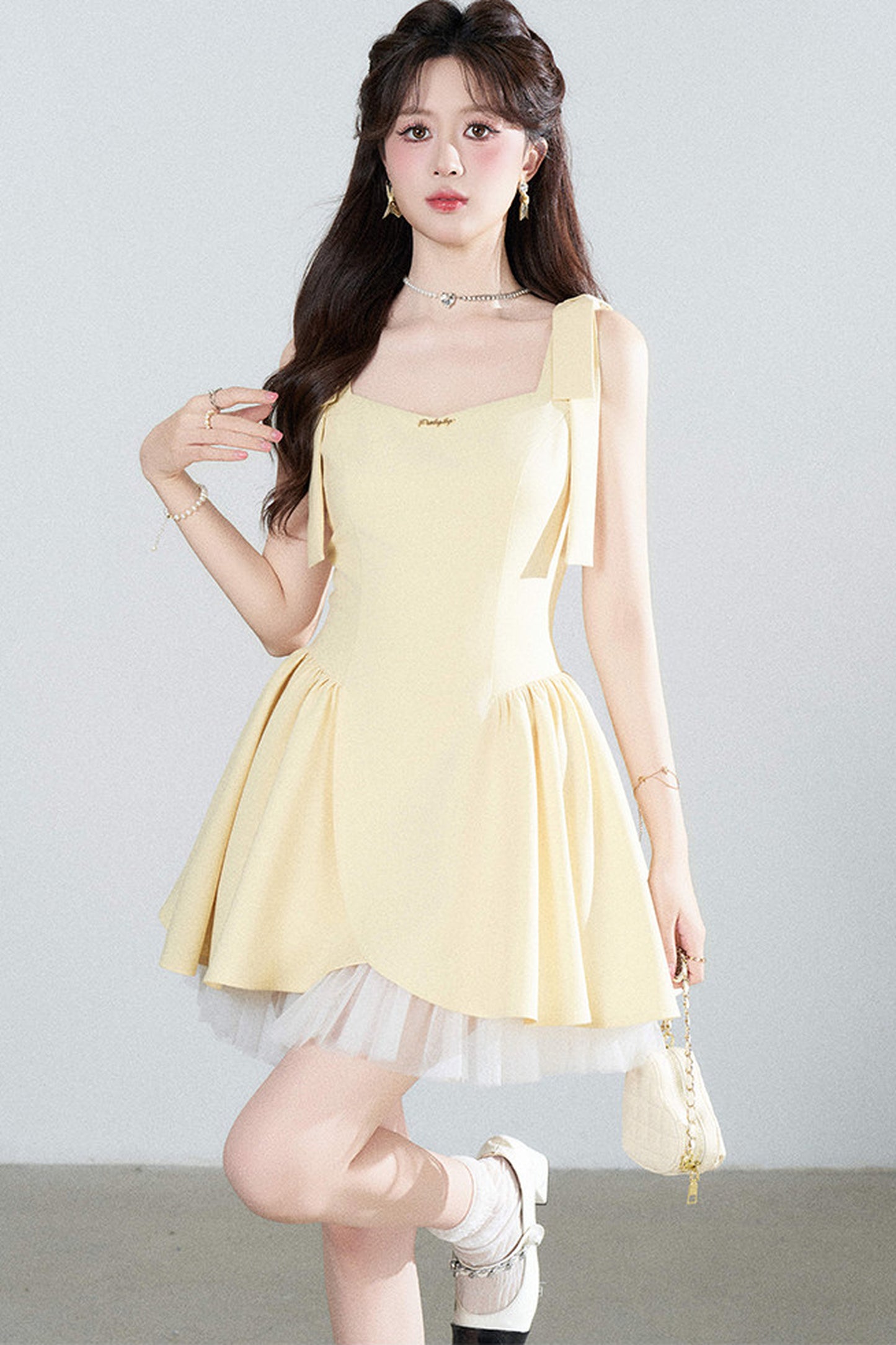 Yellow Mesh Spliced Dress