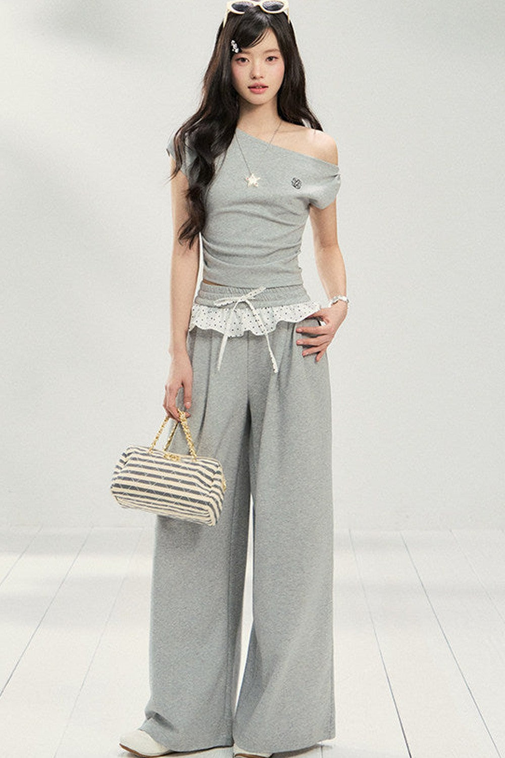Knot Detail Off-Shoulder Short Sleeve Sweatshirt