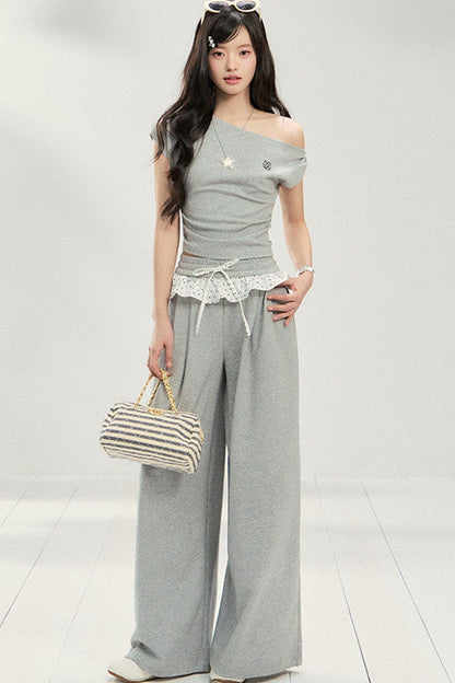 Knot Detail Off-Shoulder Short Sleeve Sweatshirt