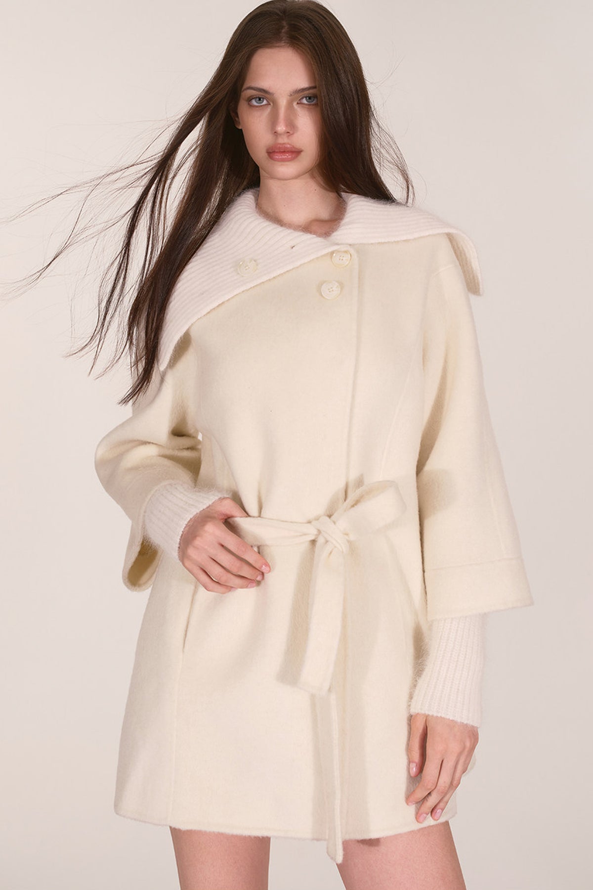 Asymmetrical Knit Collar Tie-Up Wool Coat