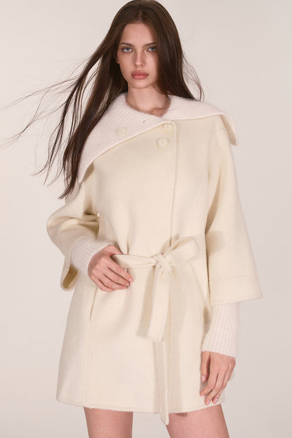Asymmetrical Knit Collar Tie-Up Wool Coat
