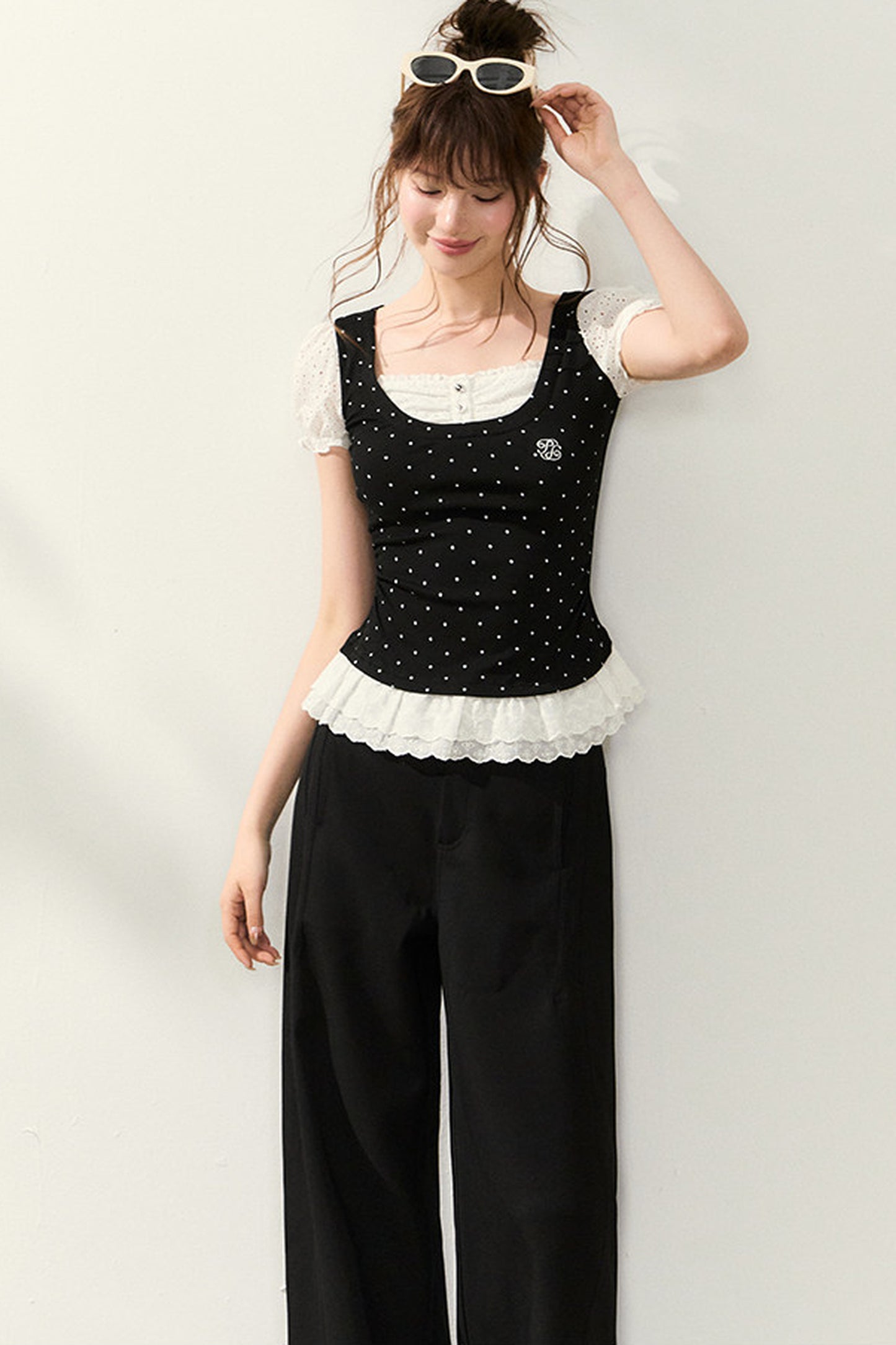Polka Dot Lace Trim Puff Sleeve Top