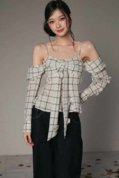 Bow-Tie Plaid Floral Long-Sleeve Tube Top