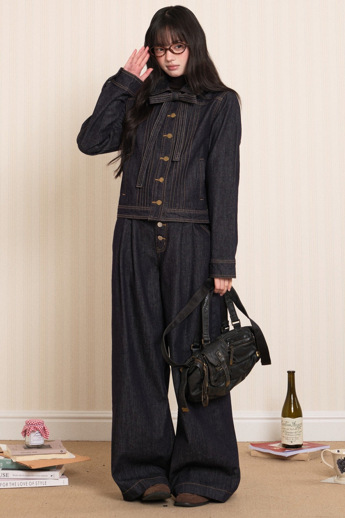 Washed Denim Lapel Tie Jacket