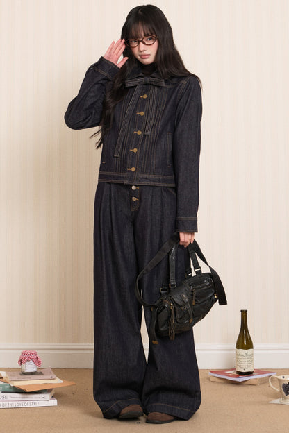 Washed Denim Lapel Tie Jacket