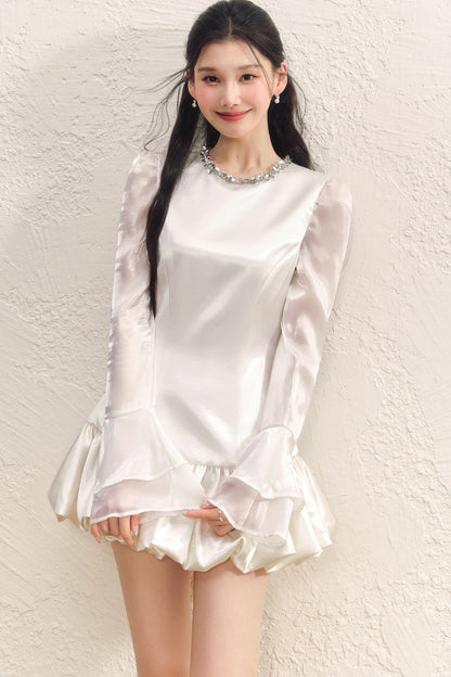 Pearl White Satin Long-Sleeved Flower Bud Dress