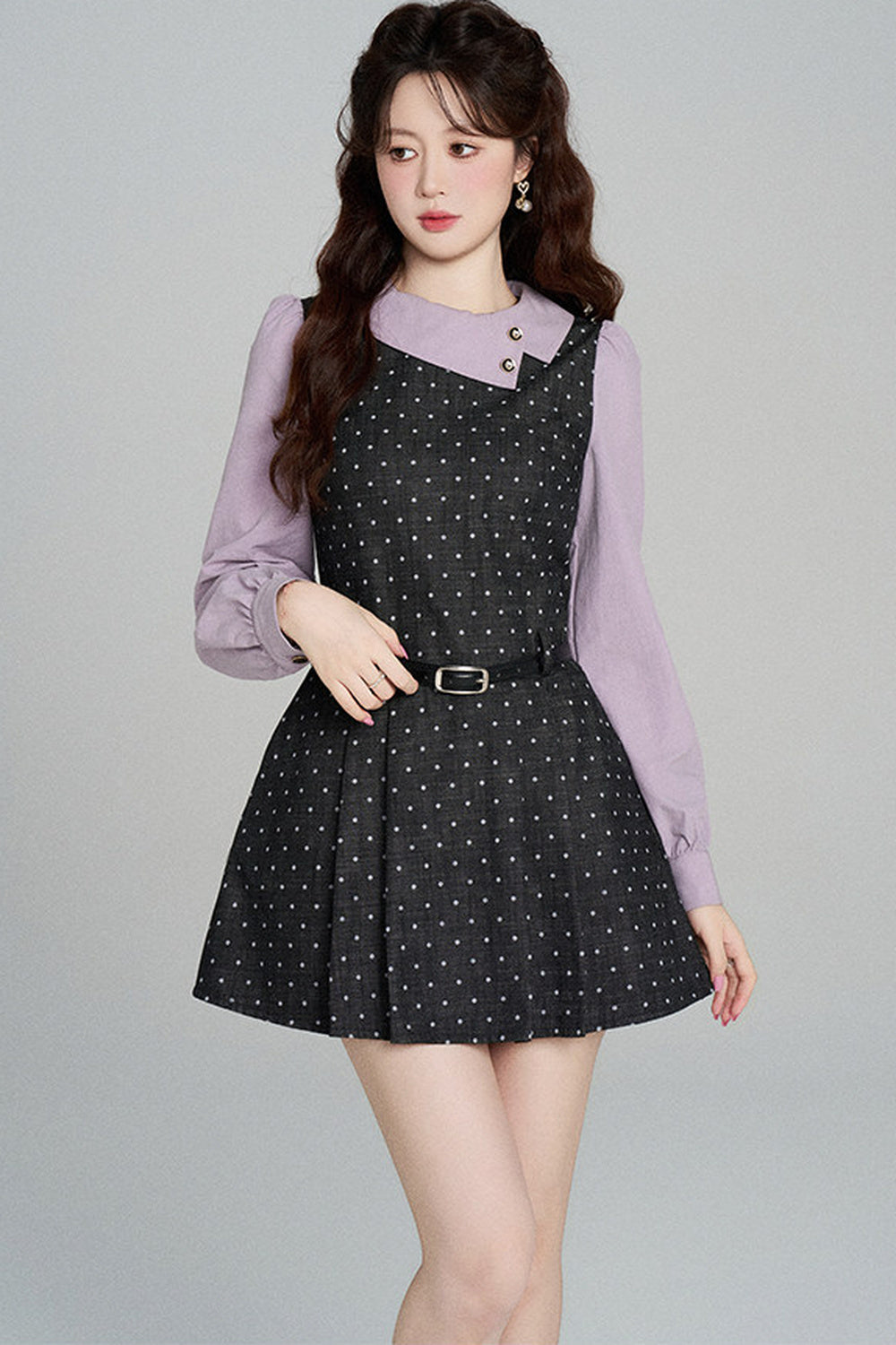 Black Purple Polka Dot Long Sleeve Dress