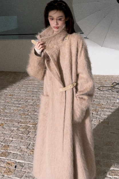 Brushed Cashmere Silk Funnel Collar Coat