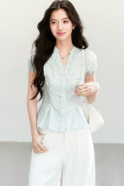Blue Plaid V-Neck Short Sleeve Blouse