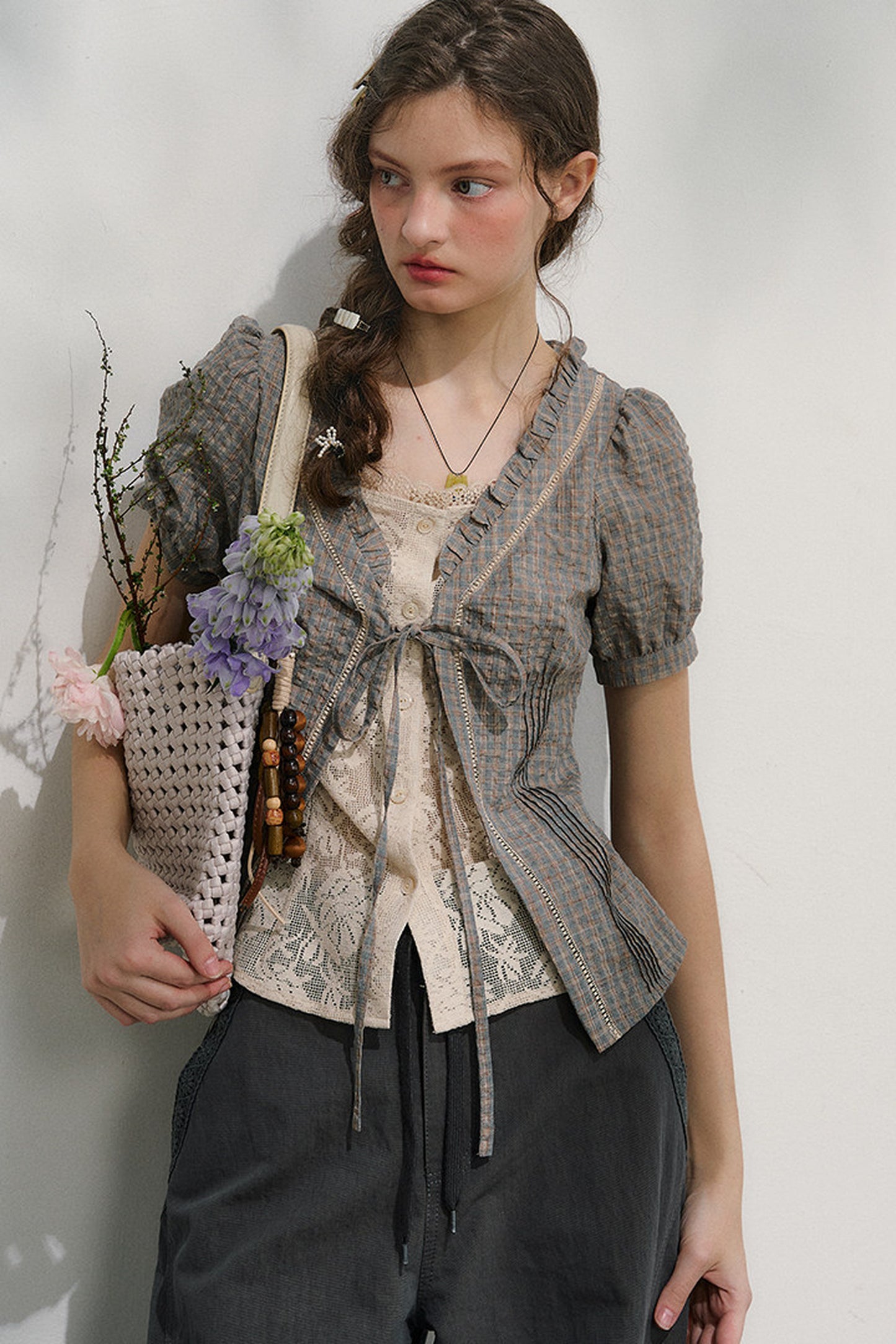 Plaid Lace Vintage Blouse