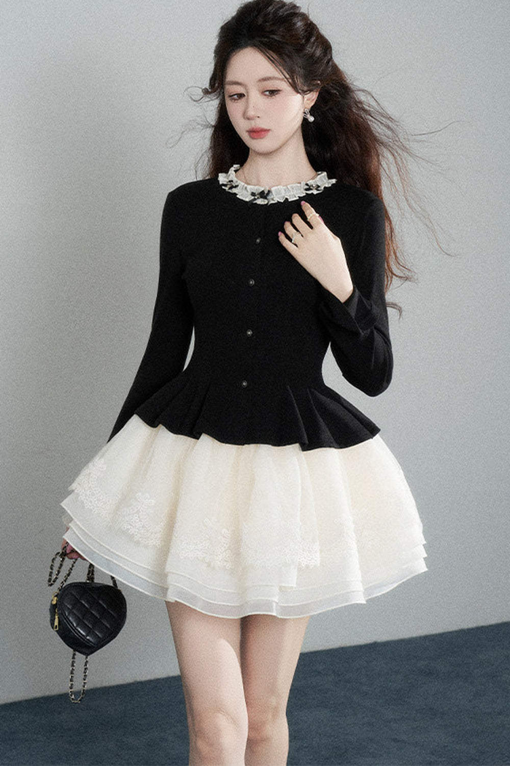 Black Waist-Cinching Shirt and Mesh Puffy Skirt Set-Up