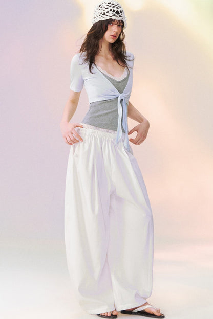 Lace Trim Tie-Front Knit Cardigan Set-Up