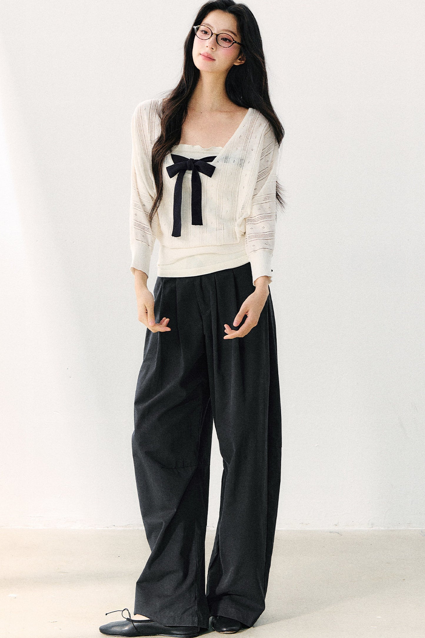 Bowknot Hollow-Out Knit Cardigan And Inner Top Set
