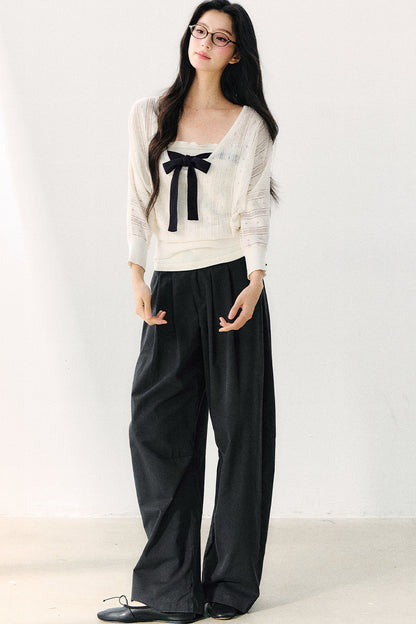 Bowknot Hollow-Out Knit Cardigan And Inner Top Set