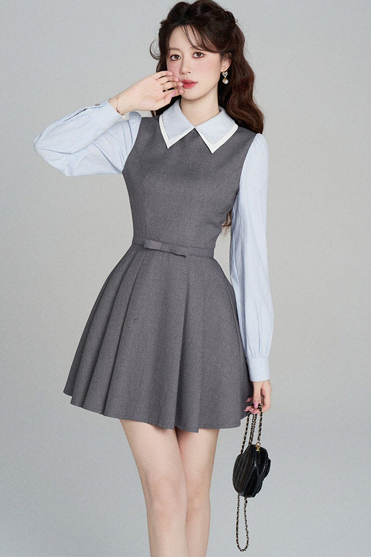 Gray Long-Sleeved A-Line Full Skirt Dress