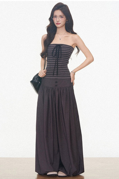 Knitted Cardigan and Tube Top and Lantern Pants Set-Up